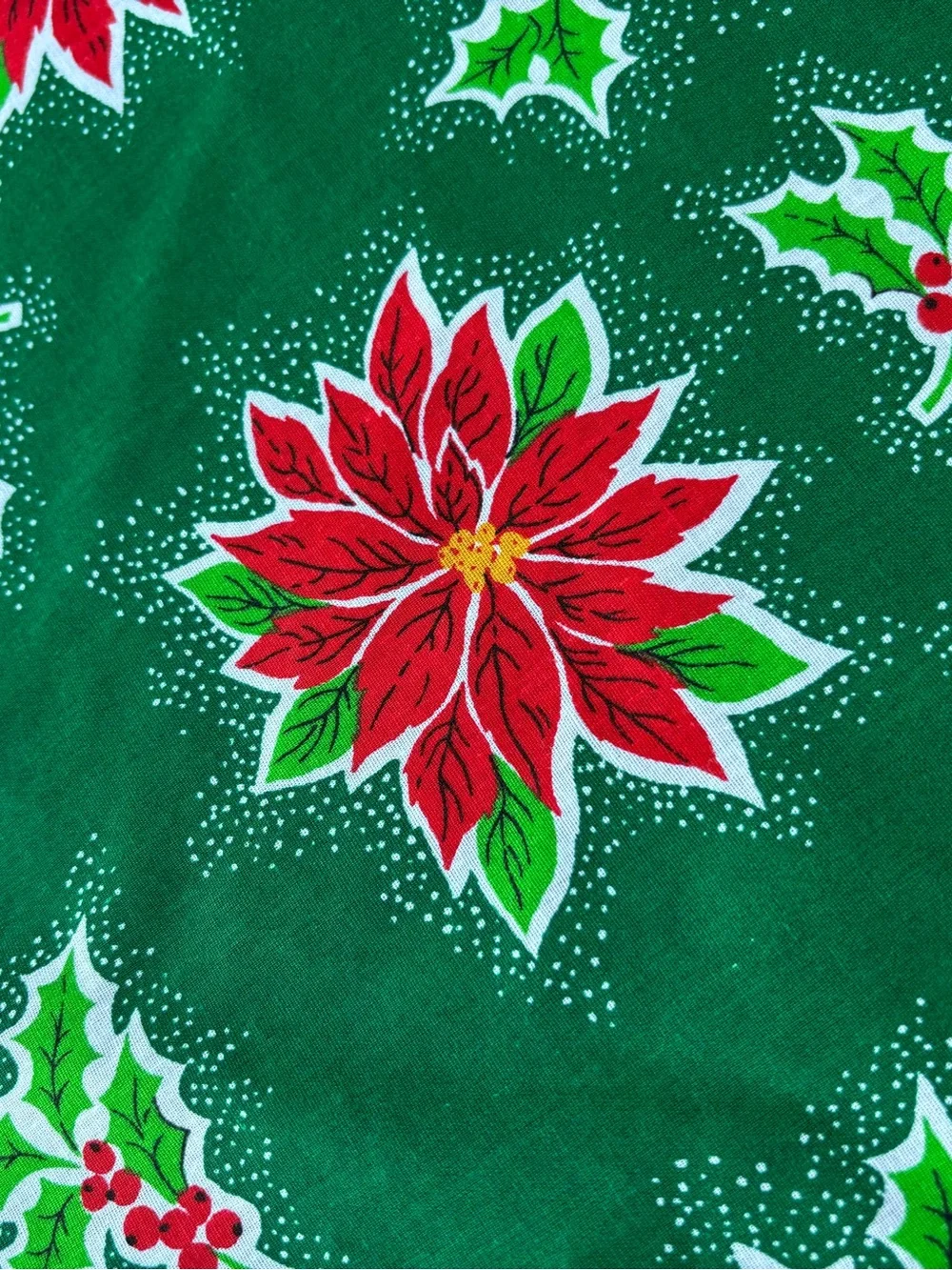 Vtg Christmas Poinsettia Round Tablecloth 70” Green Cotton Ruffle Border EUC